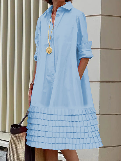 A-line Long Sleeves Layered Pleated Pockets Color Split-joint Lapel Midi Dresses Shirt Dress