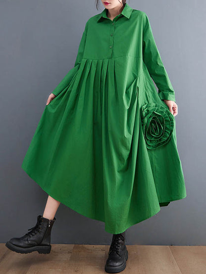 Urban Applique Pleated Long Sleeves Shirt Dress Midi Dress