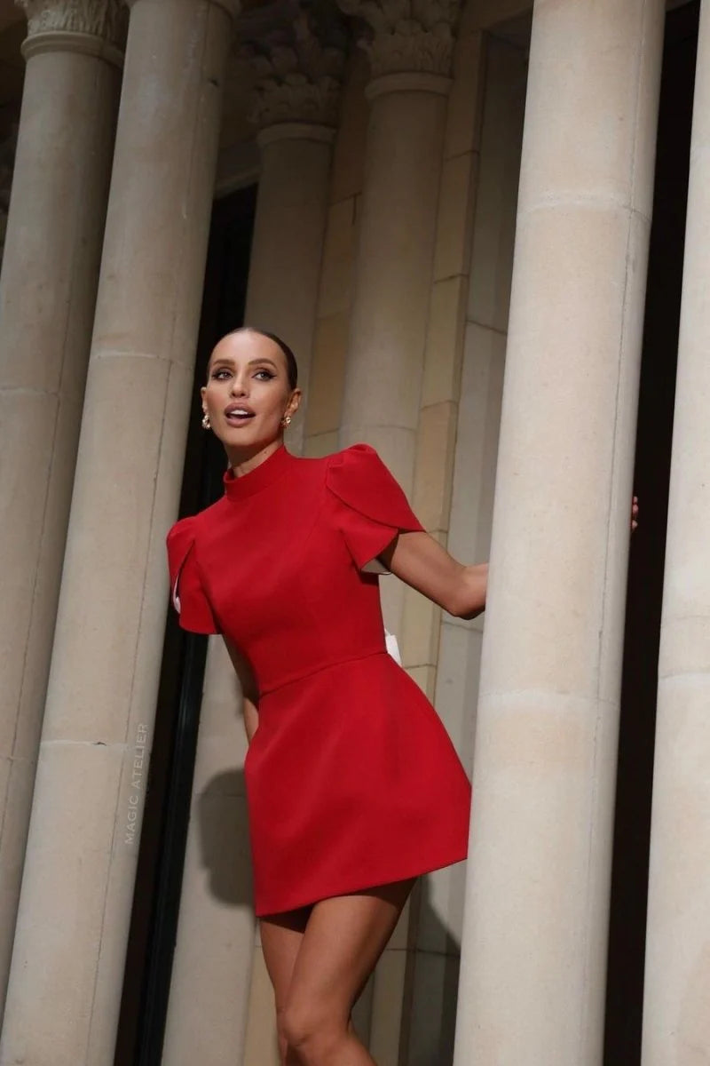Adelaide Scarlet - Bowknot Cut-out Mini Dress
