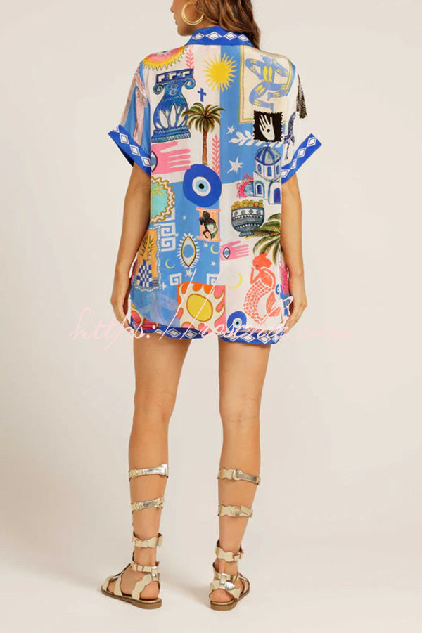 Unique Printed Short-sleeved Loose Shirt and Elastic Waist Drawstring Pocket Shorts Set