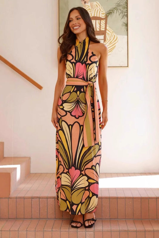 Print Halter Belted Waist Maxi Dress