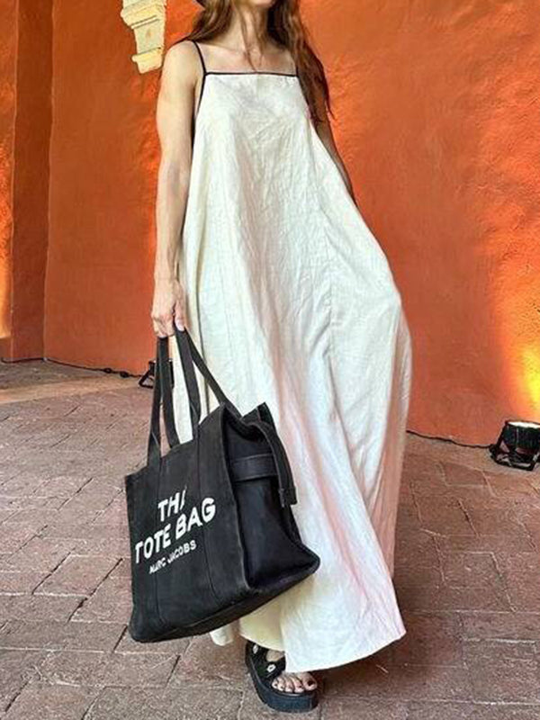 A-line Loose Split-joint Spaghetti-neck Maxi Dresses