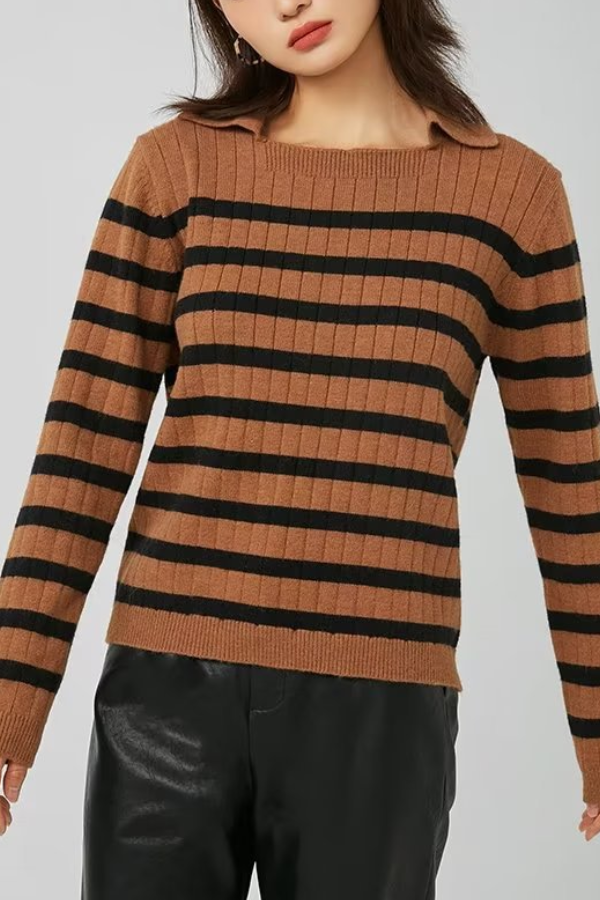 Lapel Loose Striped Knit Sweater