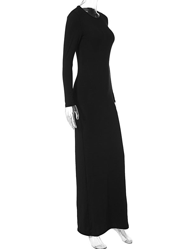 Bodycon Long Sleeves See-through Color Round-neck Maxi Dresses