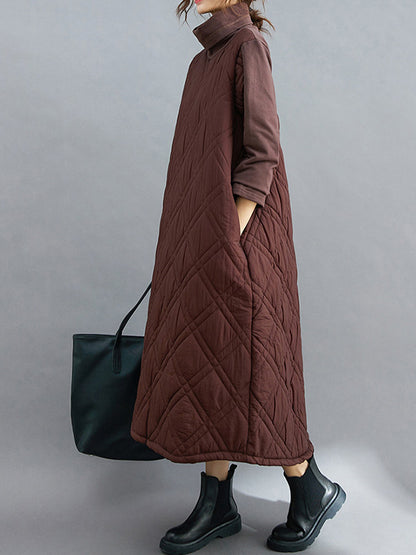 Simple Split-joint High-neck H-line Quilted Midi Dress