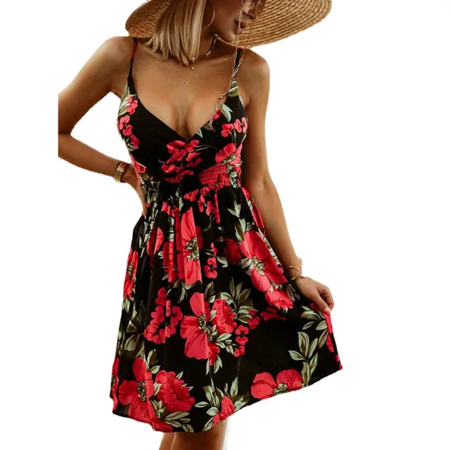 Flower Print Spaghetti Strap Mini Dresses V-neck Backless Short Dress Vacation Vestidos