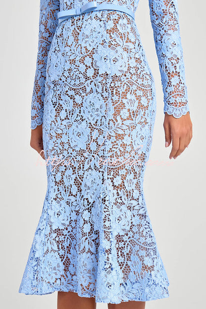 Feminine and Flower Lace Long Sleeve Bow Belted Flare Midi Dress