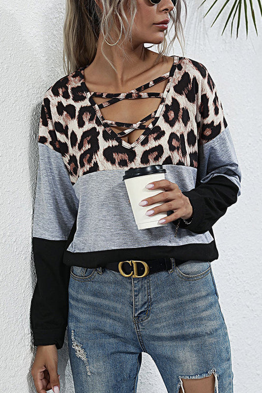 Long Sleeve Leopard Print Stitching T-shirt