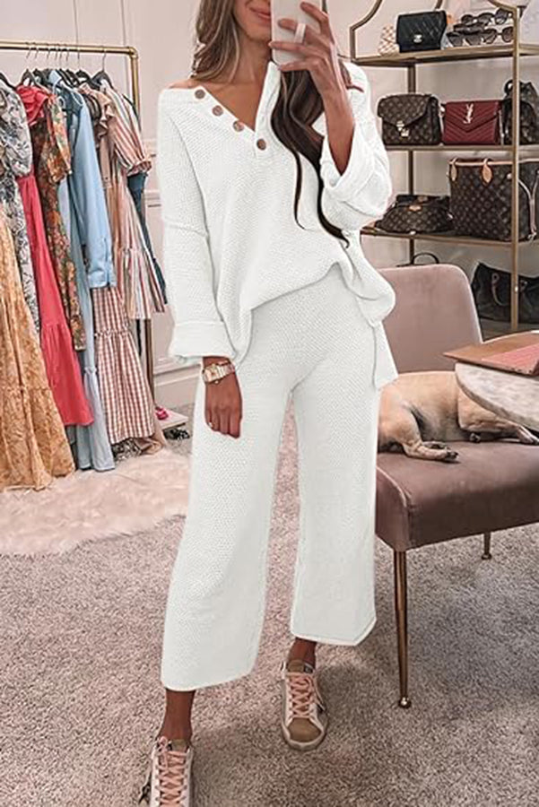 Heather Hailey Color Button V Neck Top and Pant Two Piece Set