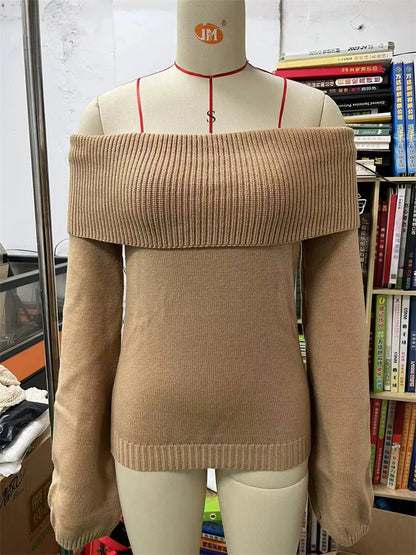 White Knit Sweater Pullover Female Off-shoulder Slim Long Sleeve High Waist Backless Loose Knitwear New