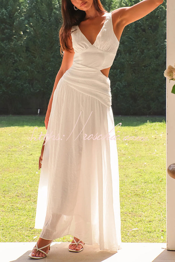 Color V-neck Waist Hollow Slim Maxi Dress