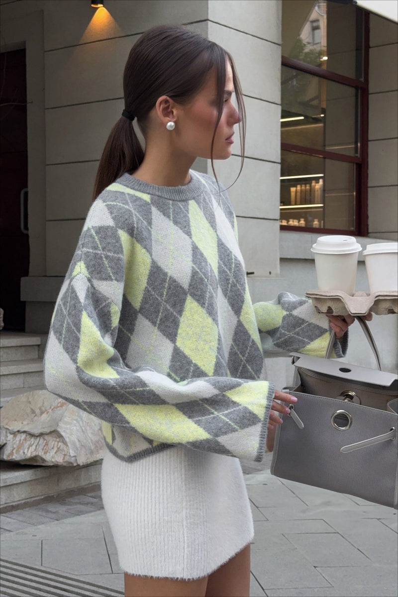 Argyle Knit Green Color Block Loose Crewneck Sweater