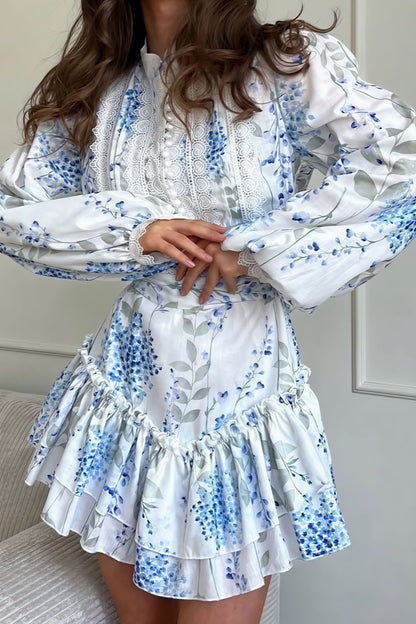 Print Stand Collar Puff Sleeve Ruffle Maxi Dress