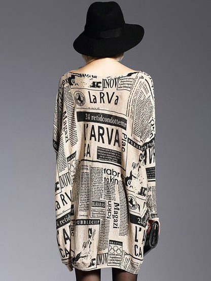 Loose One-shoulder Newspaper Printed Split-joint Sweater