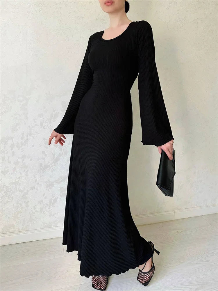 Black Ribbed Maxi Dress for Loose Slim High Waist Long Sleeve Party Dress Female Autumn Dress