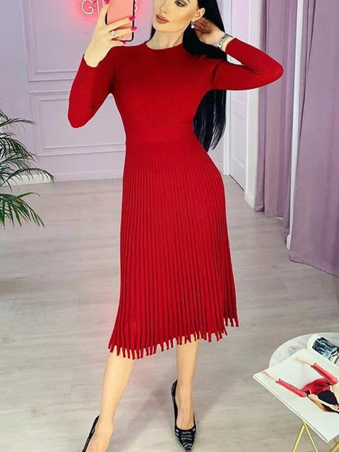 Ribbed Pleated Knit Dress Loose Patchwork Long Sleeve Dress High Waist Knitwear Female Autumn Maxi Dress New