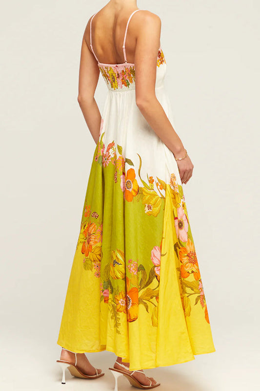 Linen Blend Contrast Print Back Smocked Pocket Maxi Dress