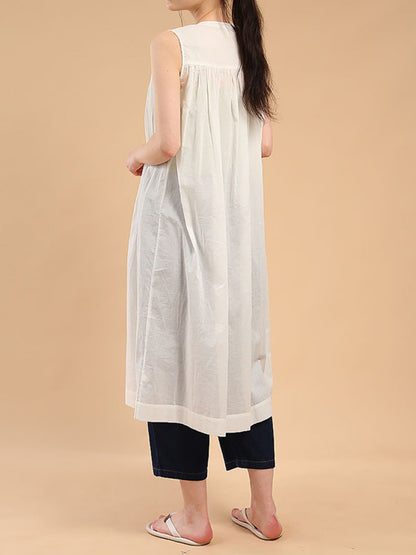 Loose Sleeveless Pleated See-through Round-neck Midi Dresses