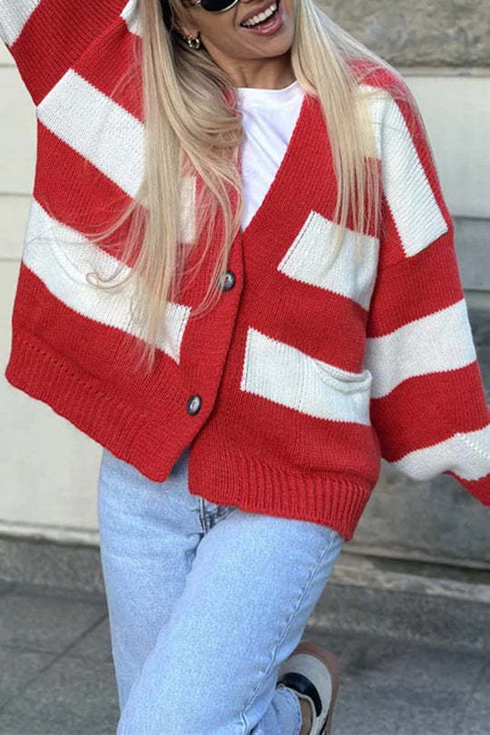 V-neck Long-sleeved Striped Pocket Knitted Cardigan