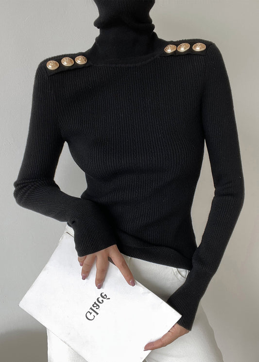 Black Hign Neck Patchwork Woolen Knit Sweaters Winter Rv023