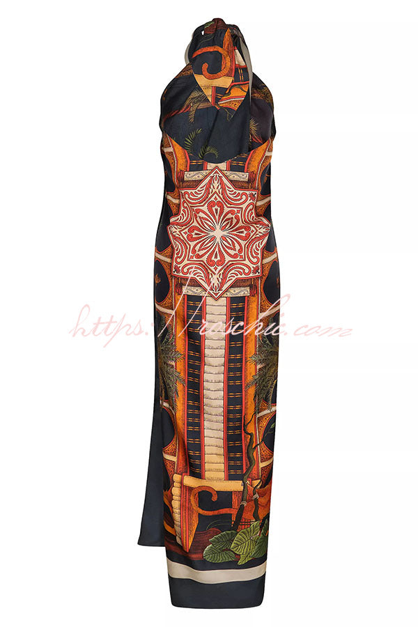 Jungle Elf Unique Print Halter Slit Midi Tank and Elastic Waist Wide Pants Set
