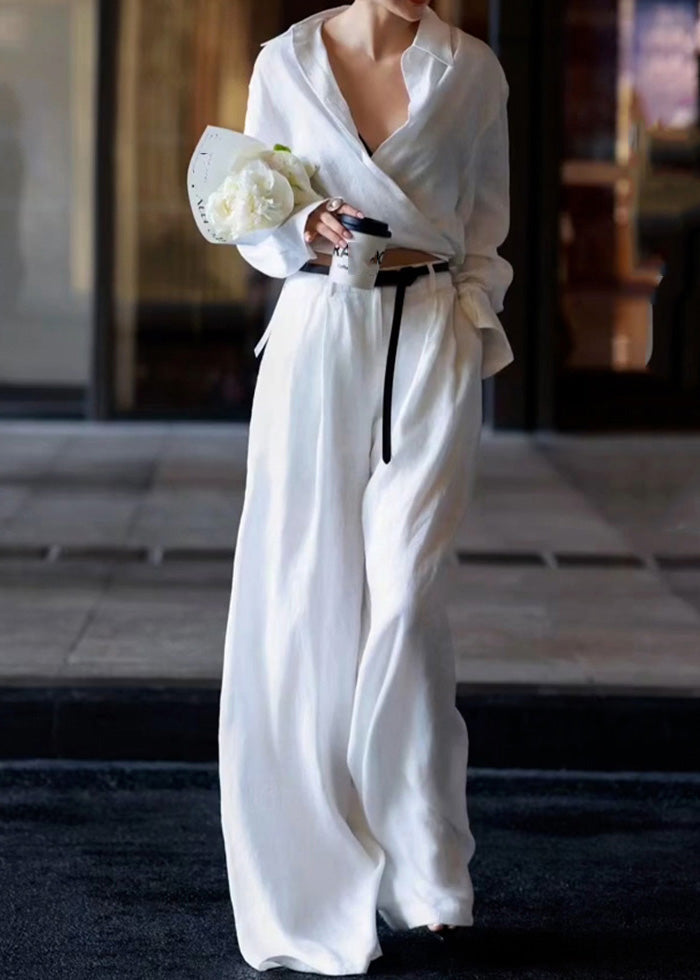 Natural White Peter Pan Collar High Waist Linen Shirts and Pants Two Pieces Set Long Sleeve An1032
