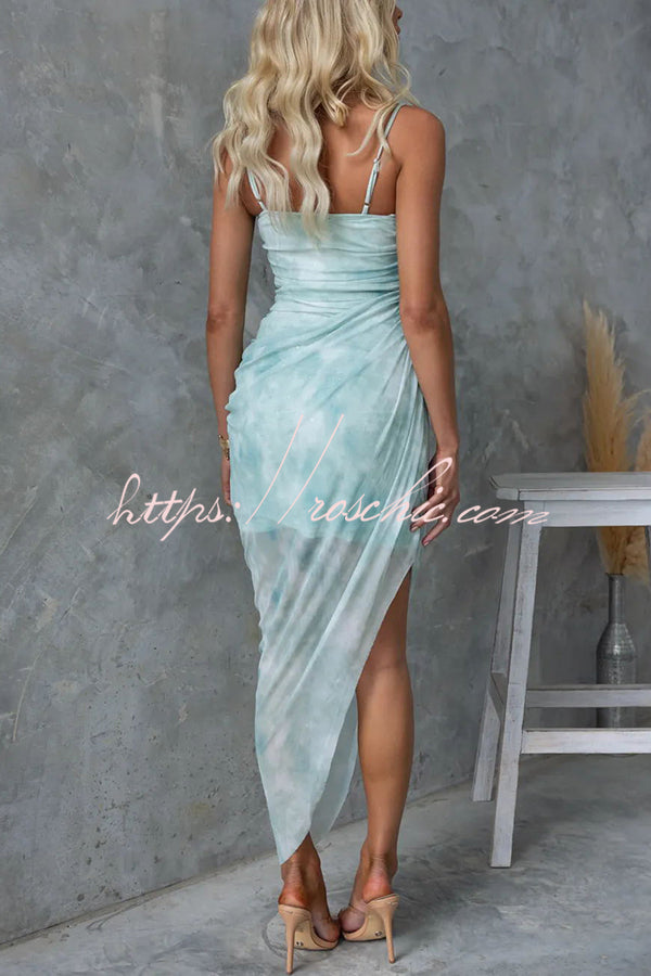 Saloni Mesh Print Twist Ruched Detail Irregular Hem Stretch Maxi Dress