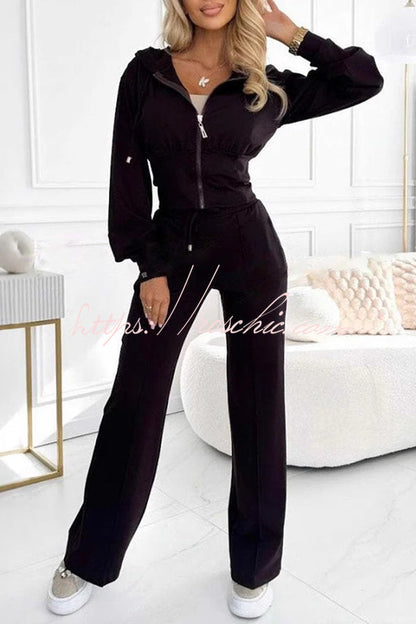Color Hooded Zip-up Jacket and Elastic Waist Pocket Wide-leg Pants Set