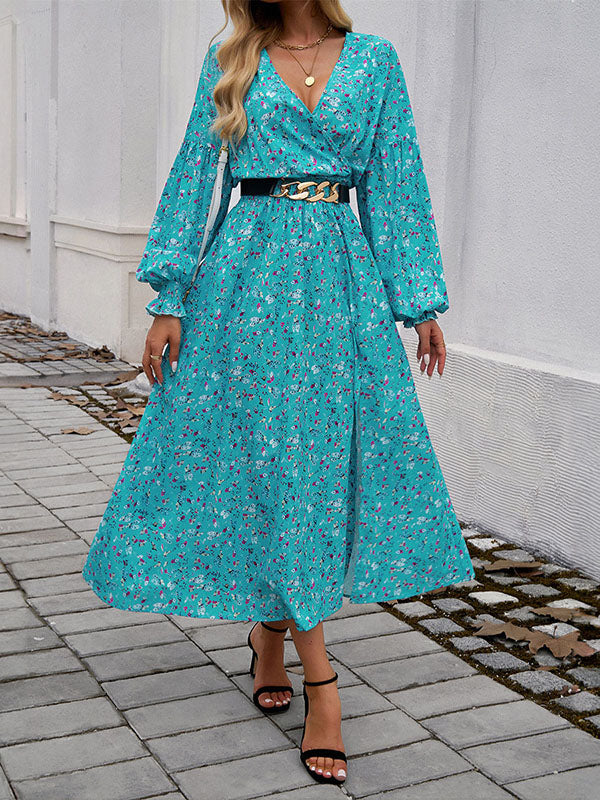 A-line High Waisted Elasticity Flower Print No Belt Split-side V-neck Maxi Dresses