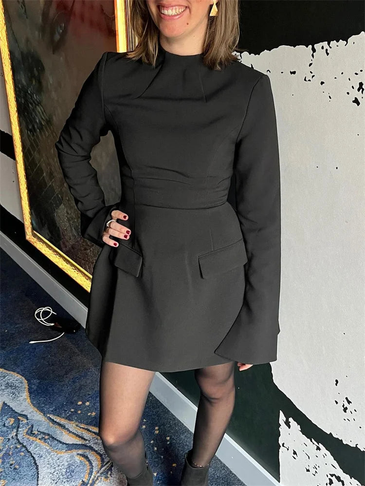 Female Autumn Mini Dress ’s Pocket Patchwork Slim Long Sleeve Commute Clothes Female Mini Dress