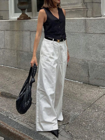 ’s Black White Stripe Wide Leg Pants New High Waist Zipper Loose Work Business Pants With Pockets