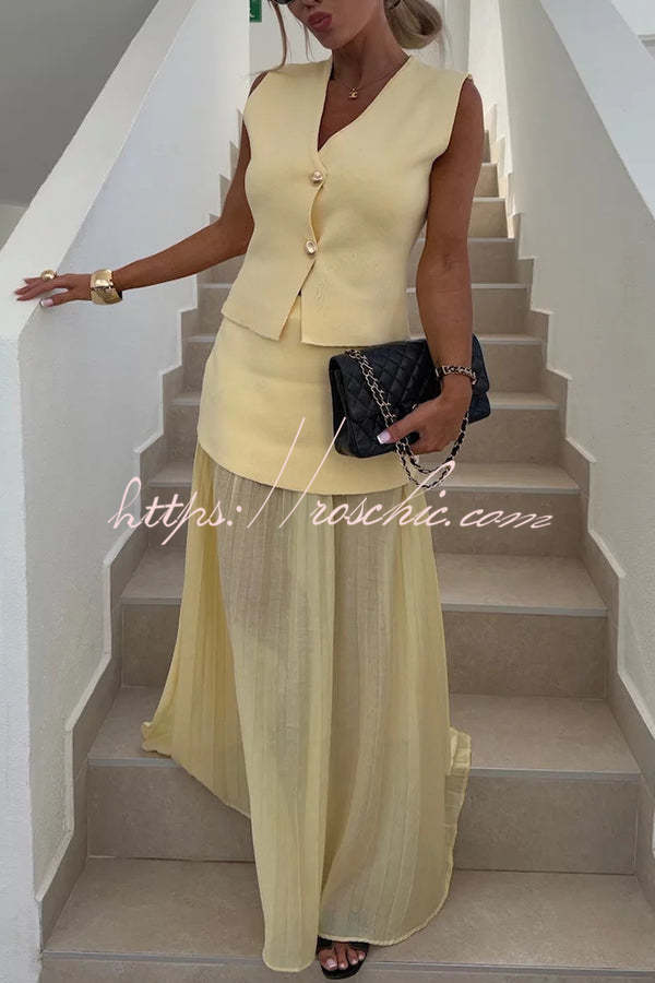 Stylish and Knit Spliced Tulle Elastic Waist Pleated Maxi Skirt