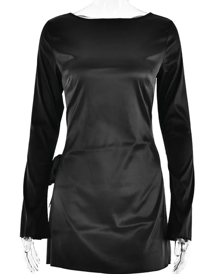 Julissamo New Backless Bandage Irregular Satin Mini Dress for Party Clubwear Long Sleeve Dresses