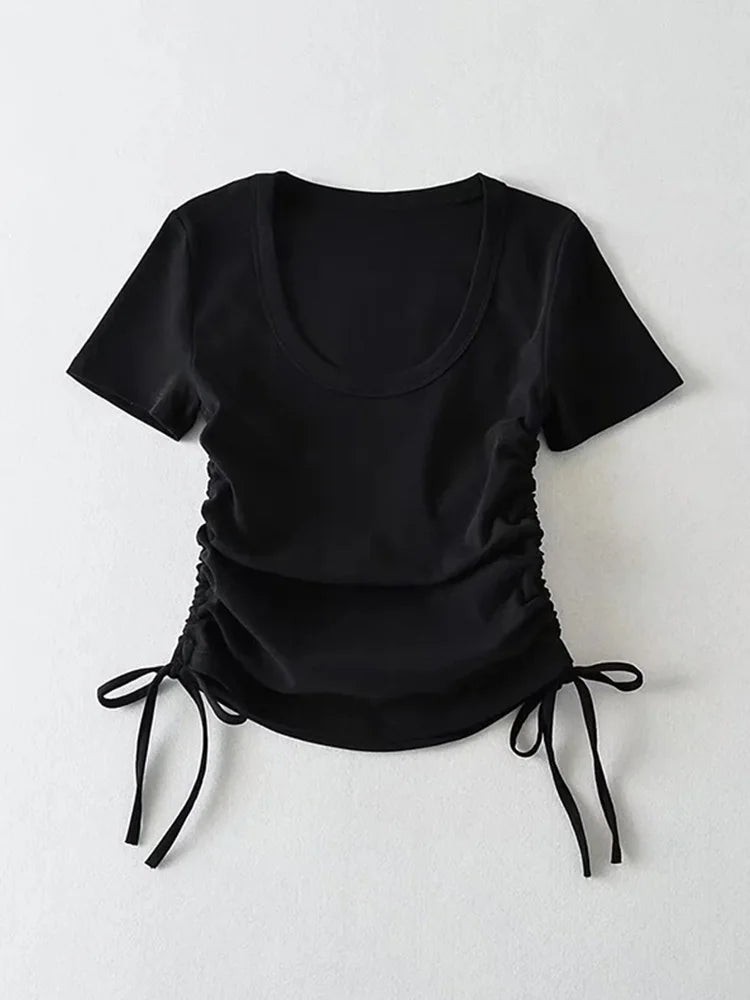 Slim ’s Crop Tops Summer Short Sleeved Crewneck Side Drawstring Bottoming Shirt T-shirt Top