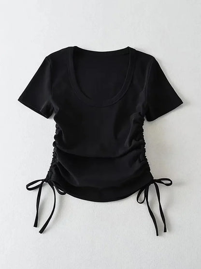 Slim ’s Crop Tops Summer Short Sleeved Crewneck Side Drawstring Bottoming Shirt T-shirt Top
