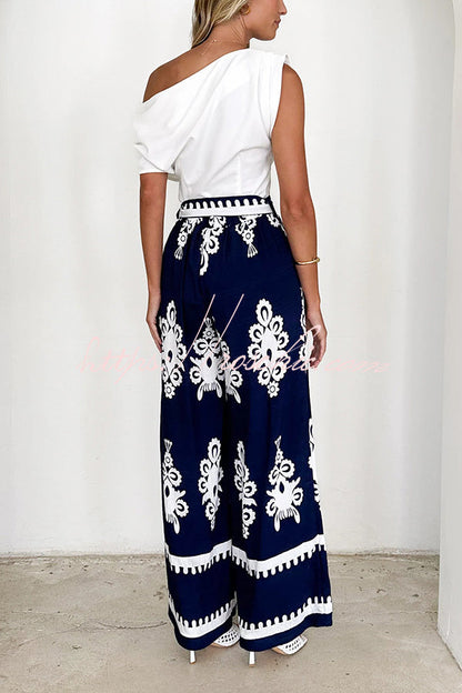 Unique Print Belted Pocket Wide Leg Pants