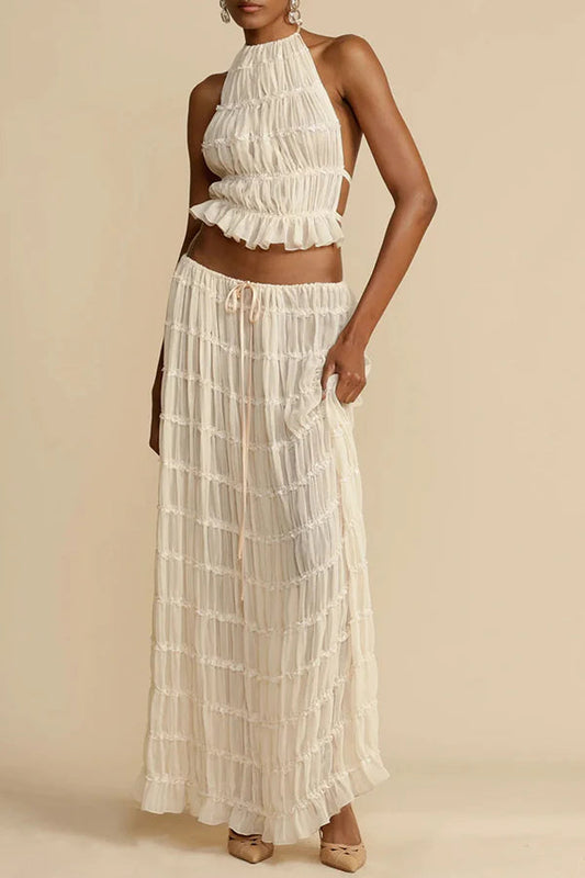 Versatility and Charm Pleated Drawstring Waist Tiered Maxi Skirt