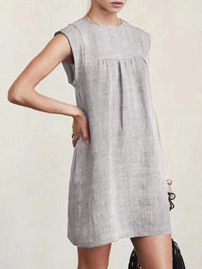 Cap Sleeve Loose Color Round-neck Mini Dresses