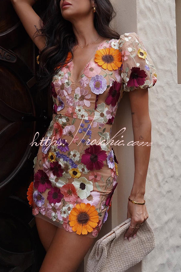 Garden Gala Embroidered Applique Puff Sleeve Mini Dress