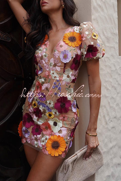 Garden Gala Embroidered Applique Puff Sleeve Mini Dress