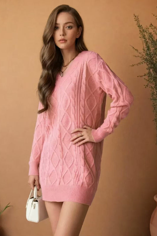 V-neck Cable-knit Sweater Mini Dress