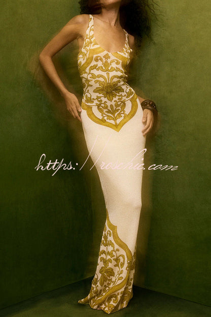 Sicilian Inspired Knit Symmetrical Unique Print Stretch Fishtail Maxi Dress
