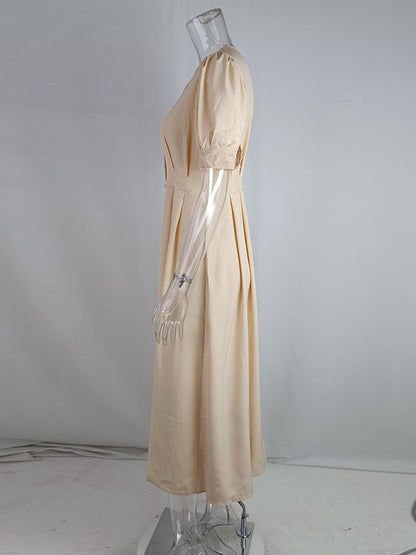 High Waisted Loose Buttoned Round-neck Midi Dresses