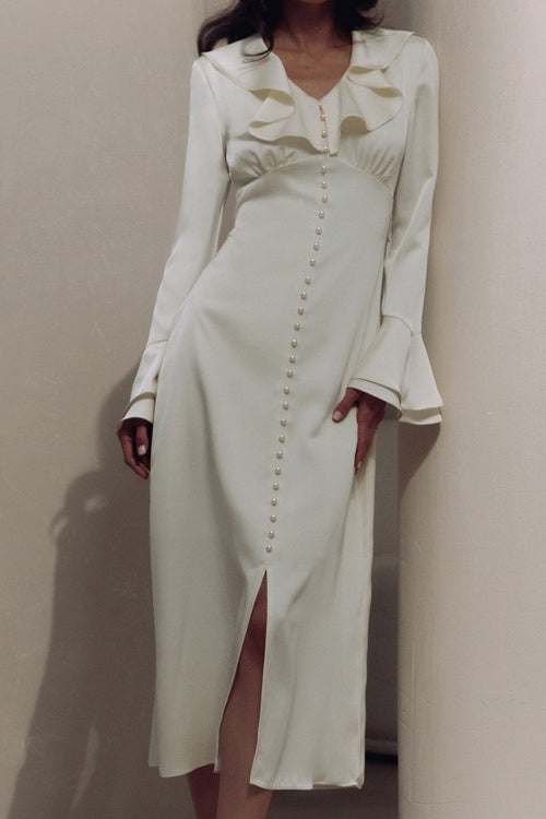 Ruffled V-neck Flared Sleeve Maxi Dress