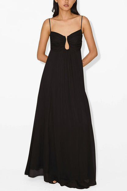 Soft and Metal Hollow Design Back Smocked A-line Slip Maxi Dress