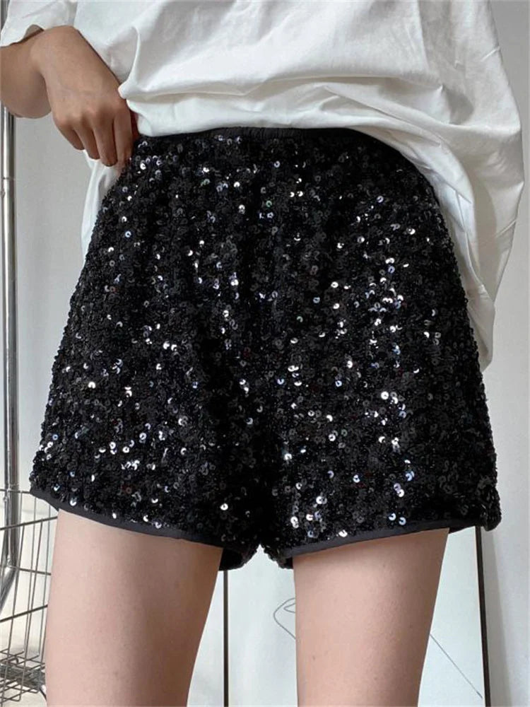 Sequin High Waist Patchwork Shorts for Summer Glitter Baggy Slim High Street Outfit Shorts Tracksuit