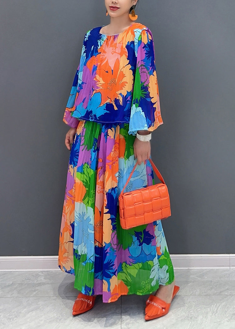 Organic Rainbow O-neck Print Top and Wide Leg Pants Two Piece Suit Set Fall Ao1052