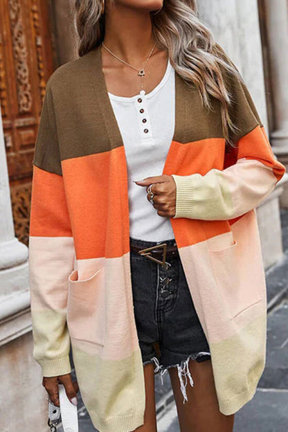 Contrasting Rainbow Paneled Striped Long Cardigan Sweater With Pockets