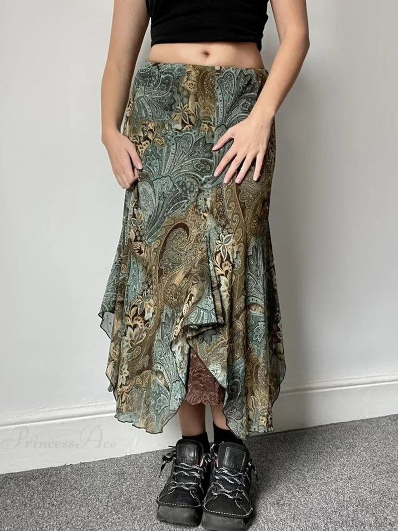 Aesthetic Print Asymmetrical Vacation Lace Skirt