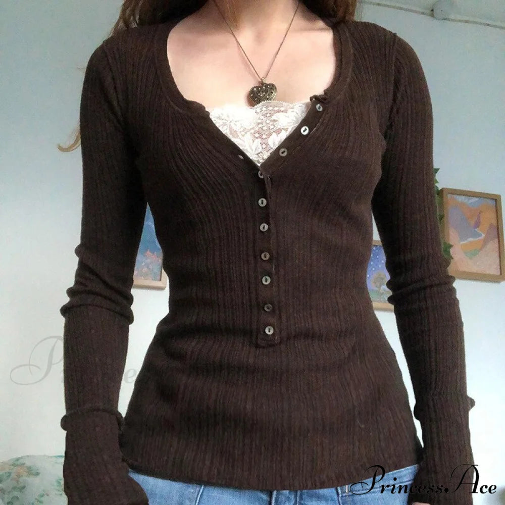 Aesthetic Up Ribbed Lace Arm Patchwork Retro Tops Y2k Skinny Grunge Button Long Fairy T-shirt Blouse